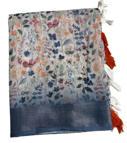 Jute Cotton Saree Ice Blue Colour with Thread Border