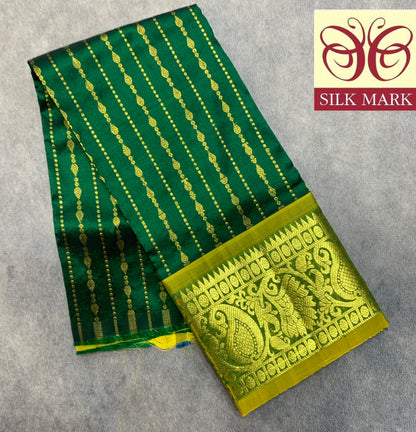 Green Shade Pure Kanchipuram Kids Pattu Pavadai with Contrast Border for Newborn to 2 Years
