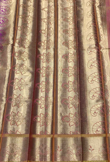 Vegan Silk Saree Pink Colour with Golden Yellow Border