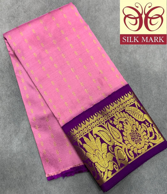 Lotus Pink Shade Pure Kanchipuram Kids Pattu Pavadai with Contrast Border for Newborn to 2 Years