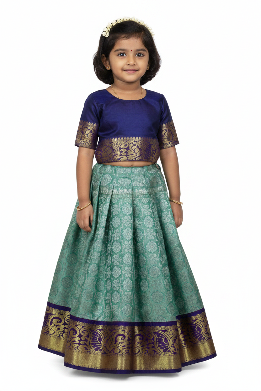 Mint Green Shade Vegan Silk Kids Pattu Pavadai with Contrast Border for Newborn to 2 Years