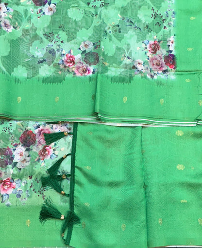 Digital Print Cotton Saree Light Green Colour with Floral Pattern
