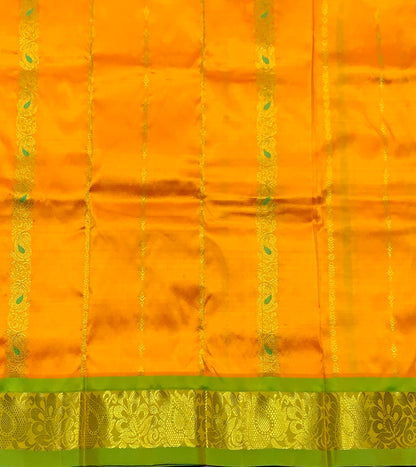 Mango Yellow Shade Pure Kanchipuram Kids Pattu Pavadai with Contrast Border for Newborn to 2 Years