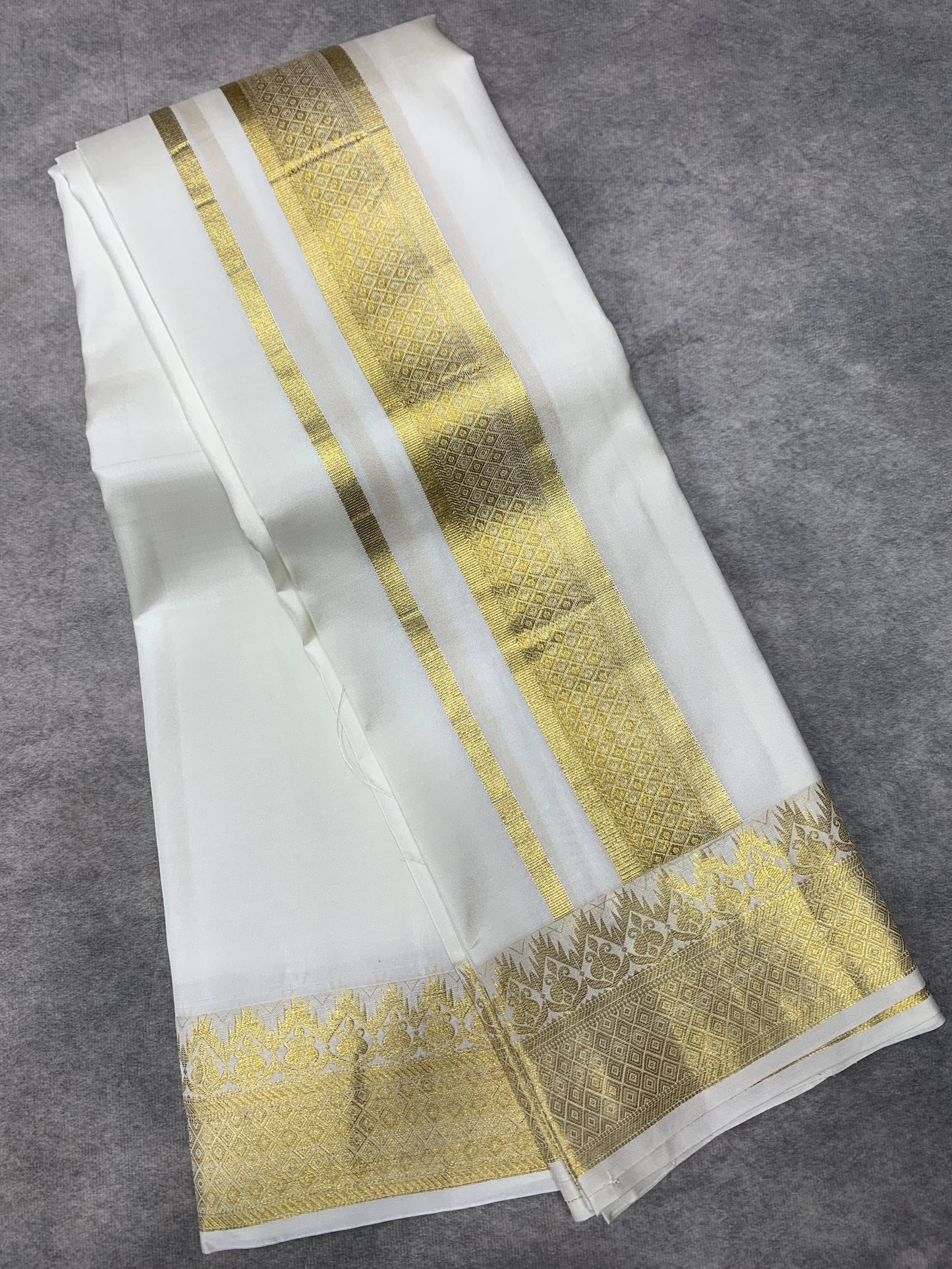9X5 Pure Silk Dhoti White Colour with Golden Colour Fancy Jaquard Border