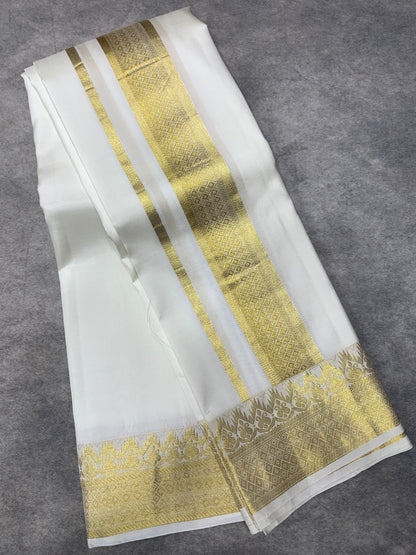 9X5 Pure Silk Dhoti White Colour with Golden Colour Fancy Jaquard Border
