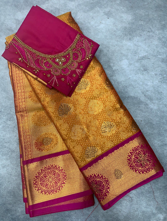 Bridal Vegan Silk Saree Golden Yellow shade with Pink Border with Unstitched blouse in Aari Work