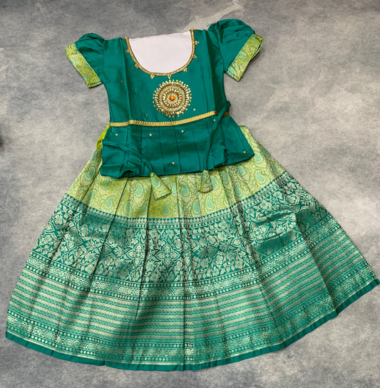 Ready To Wear Apple Green Pavadai with Contrast Peacock Green Blouse
