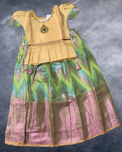 Ready To Wear Pista Green Pavadai with Contrast Sandal Colour Blouse