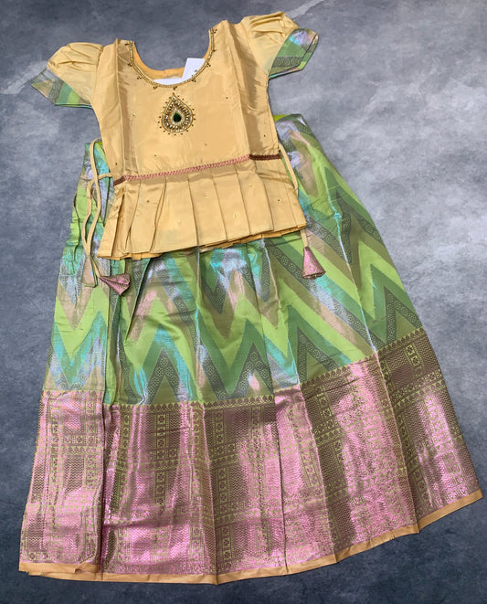 Ready To Wear Pista Green Pavadai with Contrast Sandal Colour Blouse