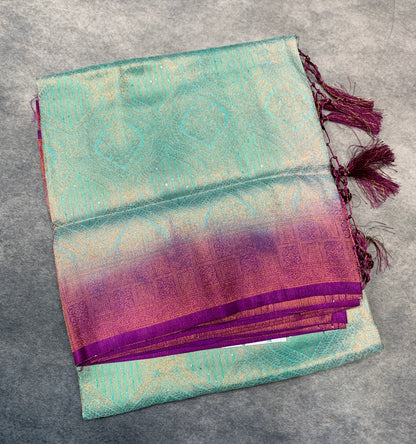 Soft Silk Saree Light Sapphire Colour and Stone Work with Magenta Colour Pallu