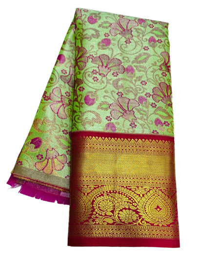 Light Apple Green Shade Vegan Silk Kids Pattu Pavadai with Contrast border for age 2 to 5