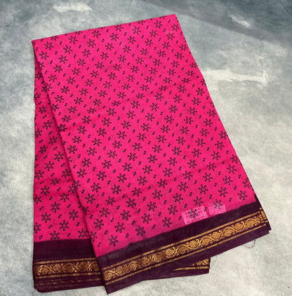 Chettinad Sungudi Cotton Pink Colour with Brown Colour Border