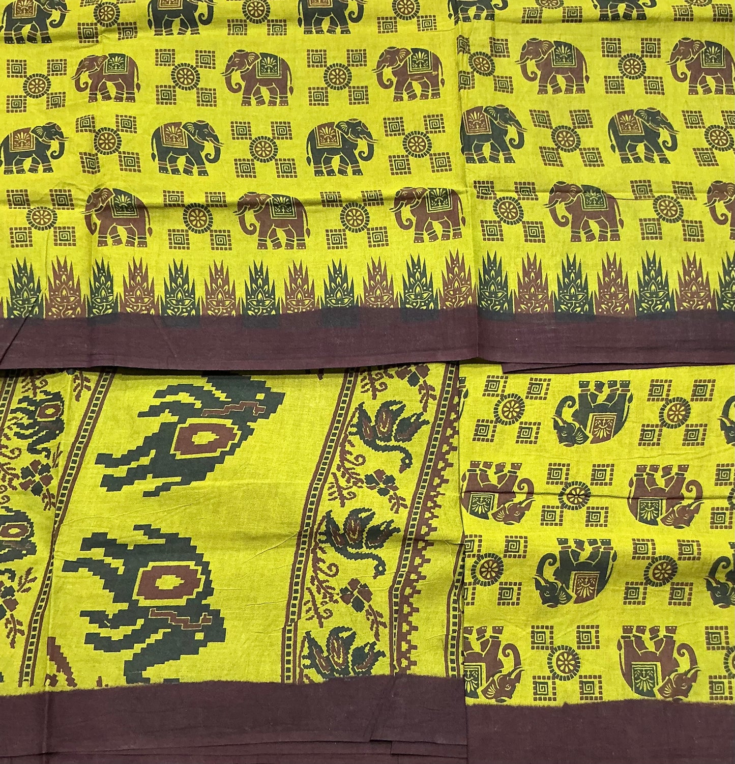 Chettinad Sungudi Cotton Olive Green Colour with Brown Colour Border