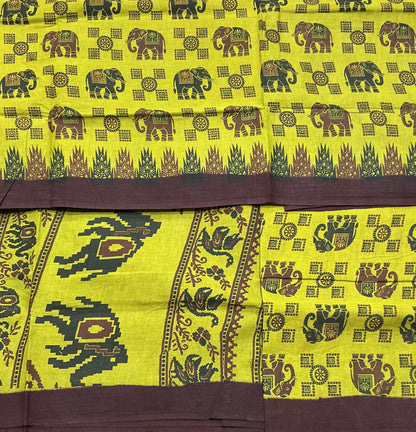 Chettinad Sungudi Cotton Olive Green Colour with Brown Colour Border