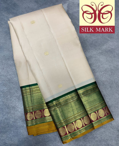 Pure Kanchipuram Silk Tussar Colour with Green and Golden Zari Border