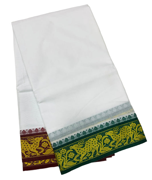 9X5 Cotton Dhoti White Colour with Green and Brown Border