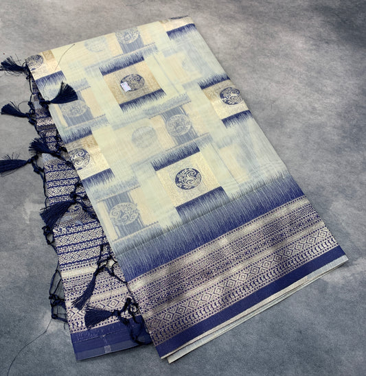 Banaras Katan Saree Off White Colour with Blue Katan Work Border