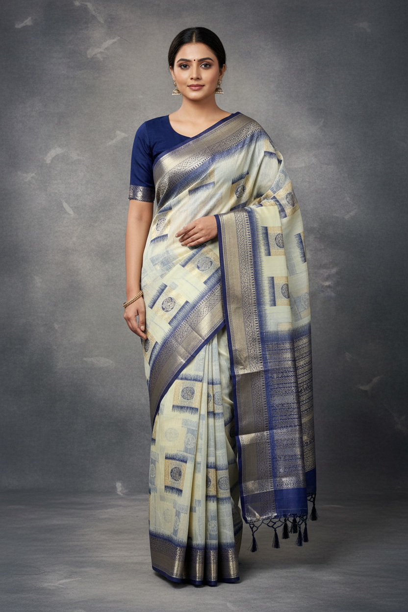Banaras Katan Saree Off White Colour with Blue Katan Work Border