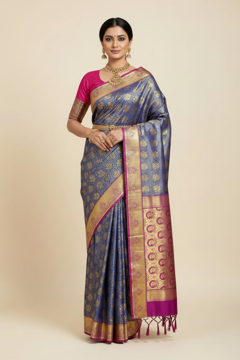 Vegan Silk Saree Violet Colour with Pink and Copper Border