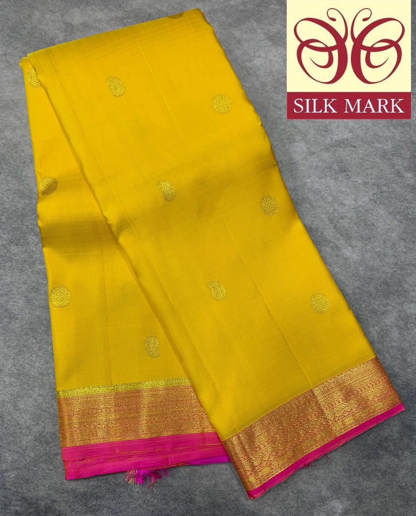 Pure Kanchipuram Silk Saree Yellow Colour with Golden Pink Border