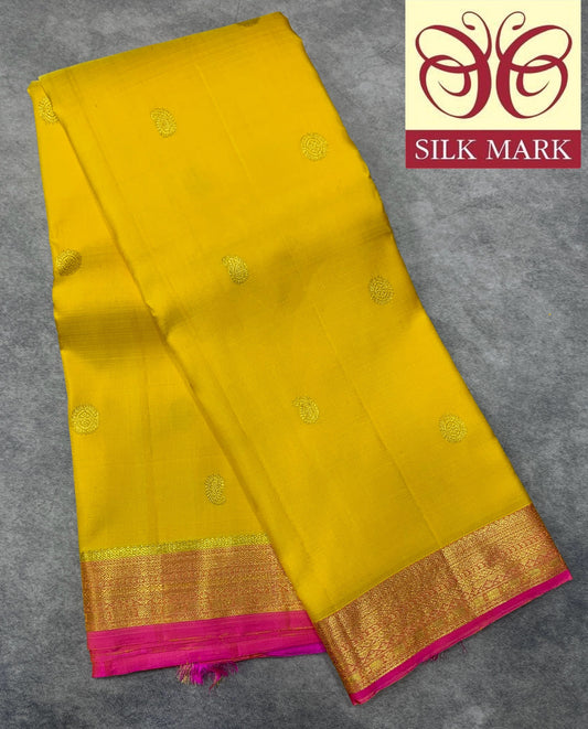 Pure Kanchipuram Silk Saree Yellow Colour with Golden Pink Border