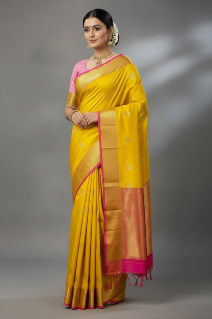 Pure Kanchipuram Silk Saree Yellow Colour with Golden Pink Border