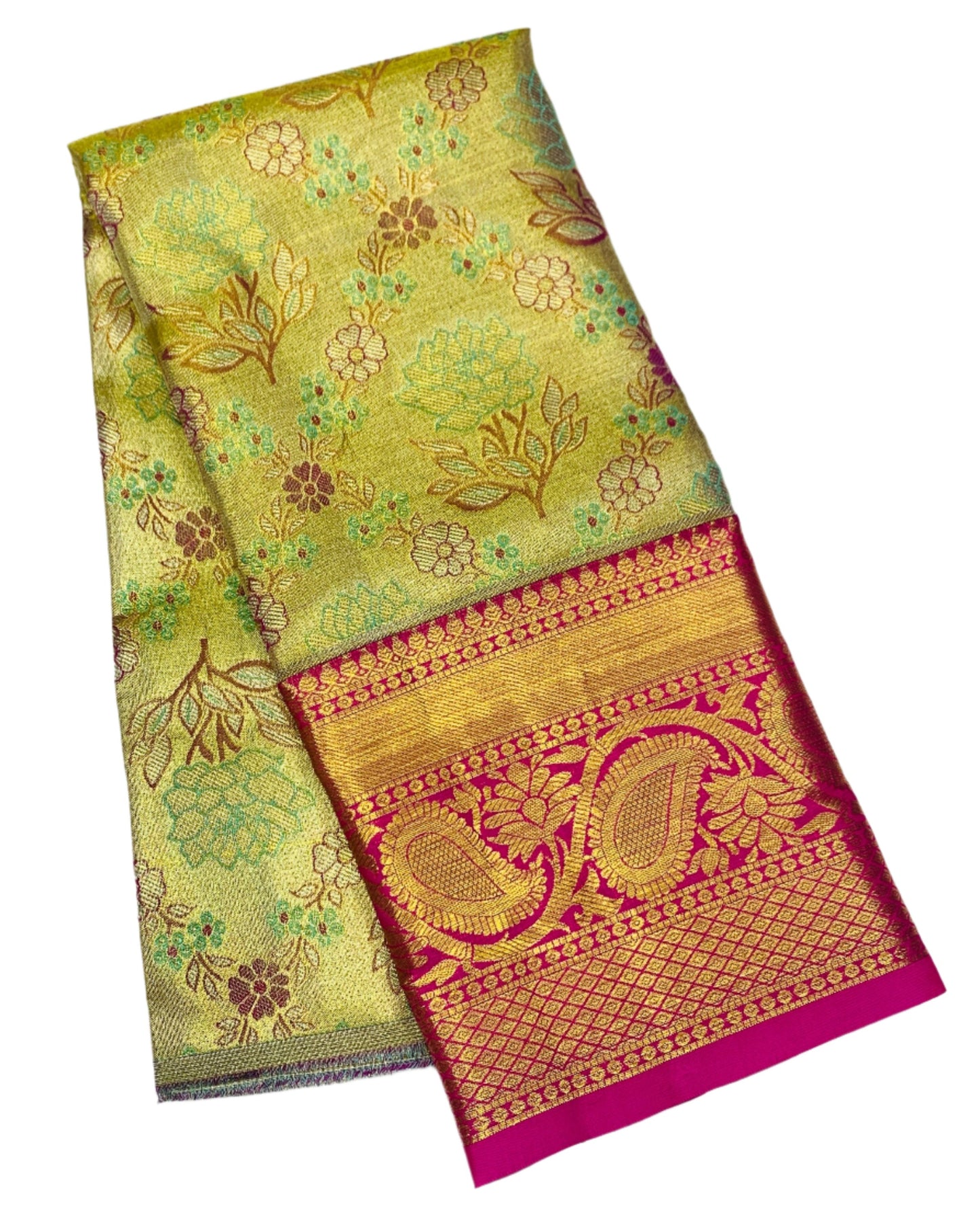 Lemon Yellow shade Pure Kanchipuram Kids Pattu Pavadai with Contrast border for age 2 to 5