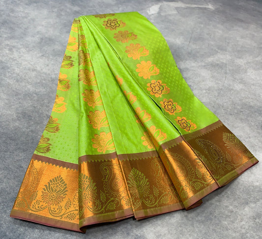 Vegan Silk Saree Light Green Colour with Copper and Brown Floral Design Border