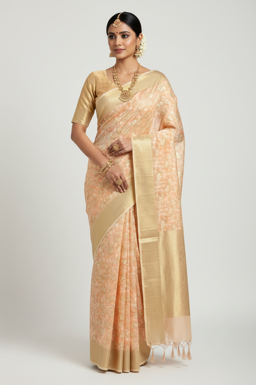 Banaras Katan Saree Peach Colour with Katan Work Border