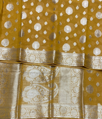 Georgette Saree Mustard Colour with Sliver Floral Design Border