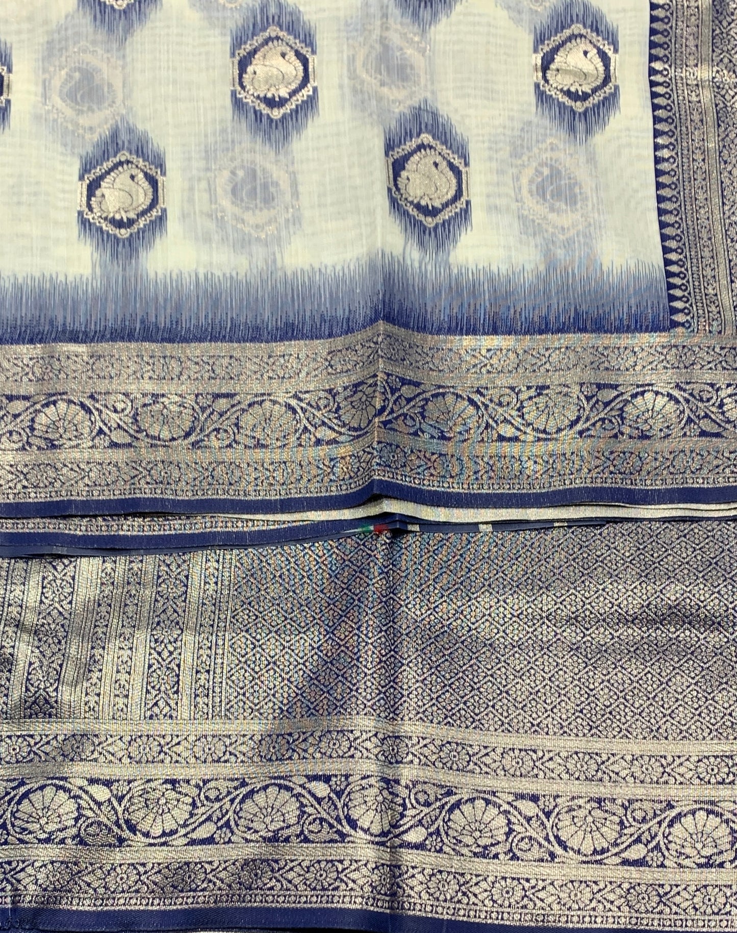 Banaras Katan Saree Off White Colour with Blue Katan Work Border