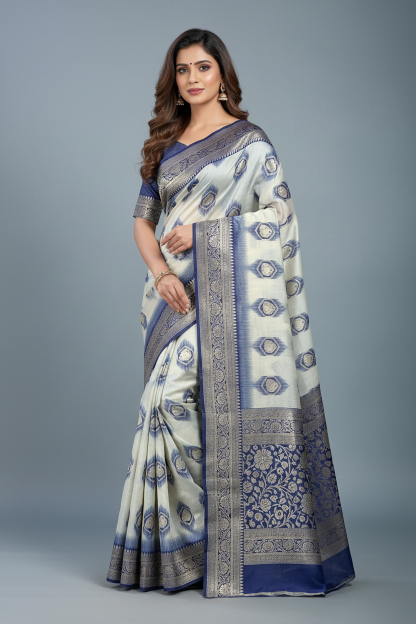 Banaras Katan Saree Off White Colour with Blue Katan Work Border
