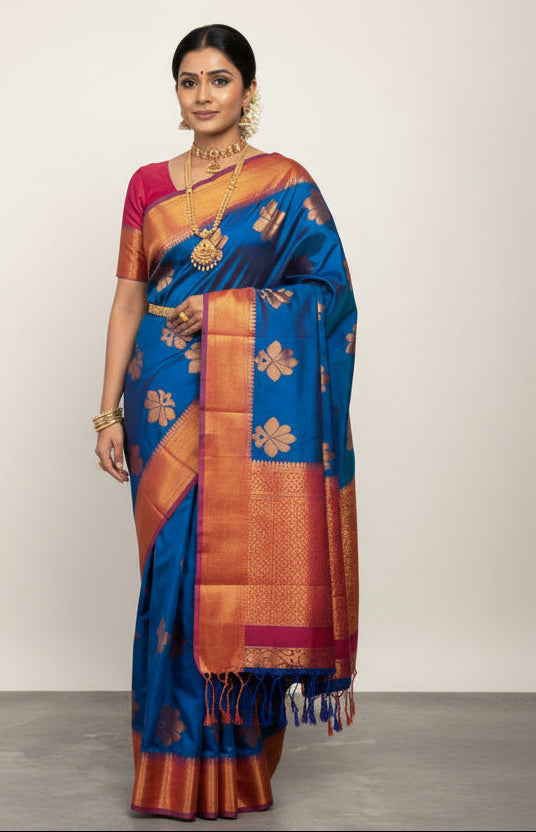 Soft Vegan Silk Saree Sky Blue Colour with Purple and Copper Border