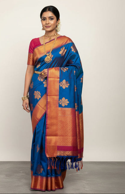 Soft Vegan Silk Saree Sky Blue Colour with Purple and Copper Border