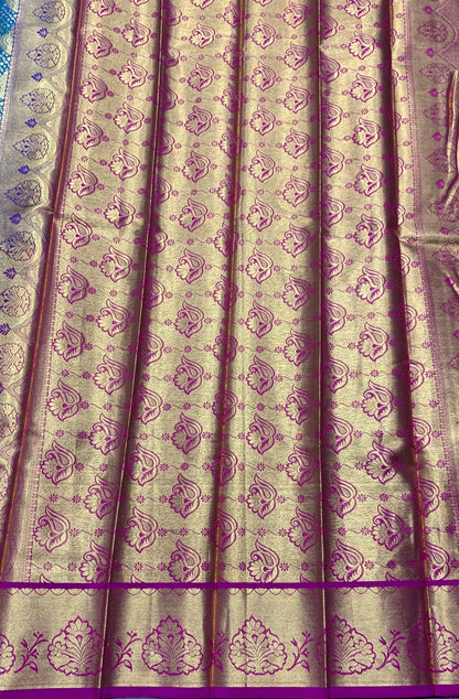 Vegan Silk Saree Peacock Green Colour with Pink and Copper Border