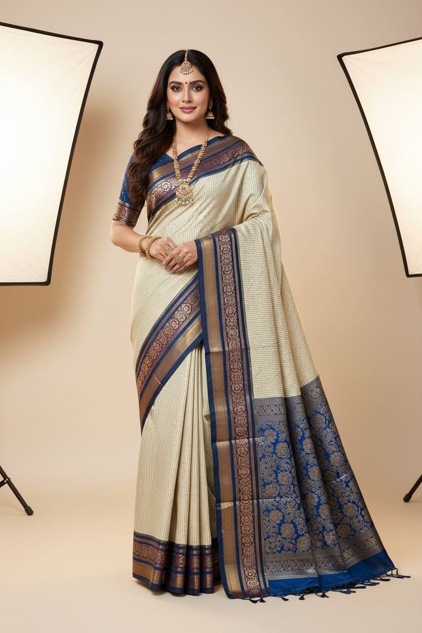 Pure Kanchipuram Silk Saree Tussar Colour with Blue Border