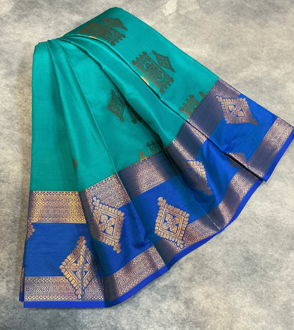 Soft Silk Casual Saree Sapphire with Rettai Pettu Blue Colour Border