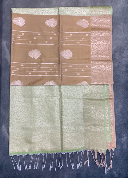 Art Silk Saree Light Brown Colour with Sliver Zari Border