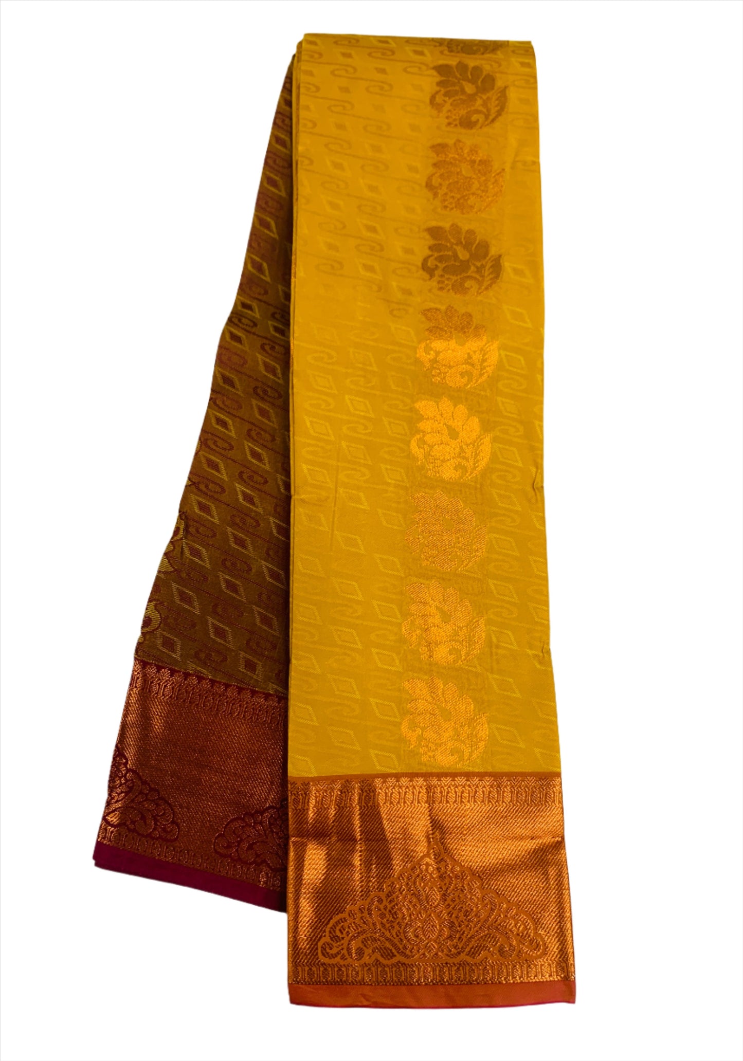 Vegan Silk Saree Golden Yellow shade with Copper Border