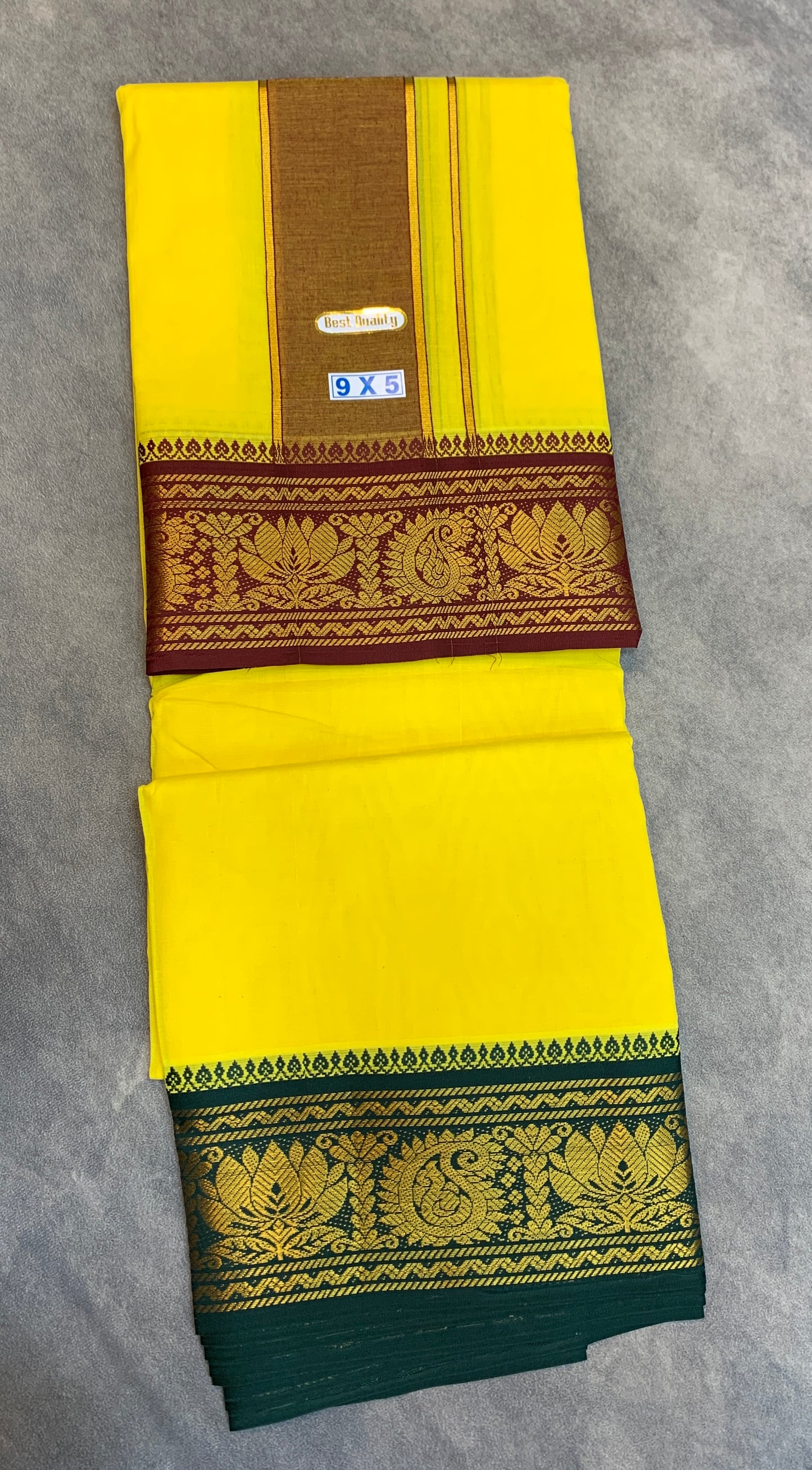 9X5 Cotton Dhoti Yellow Maroon and Green Zari Border with Angavastram