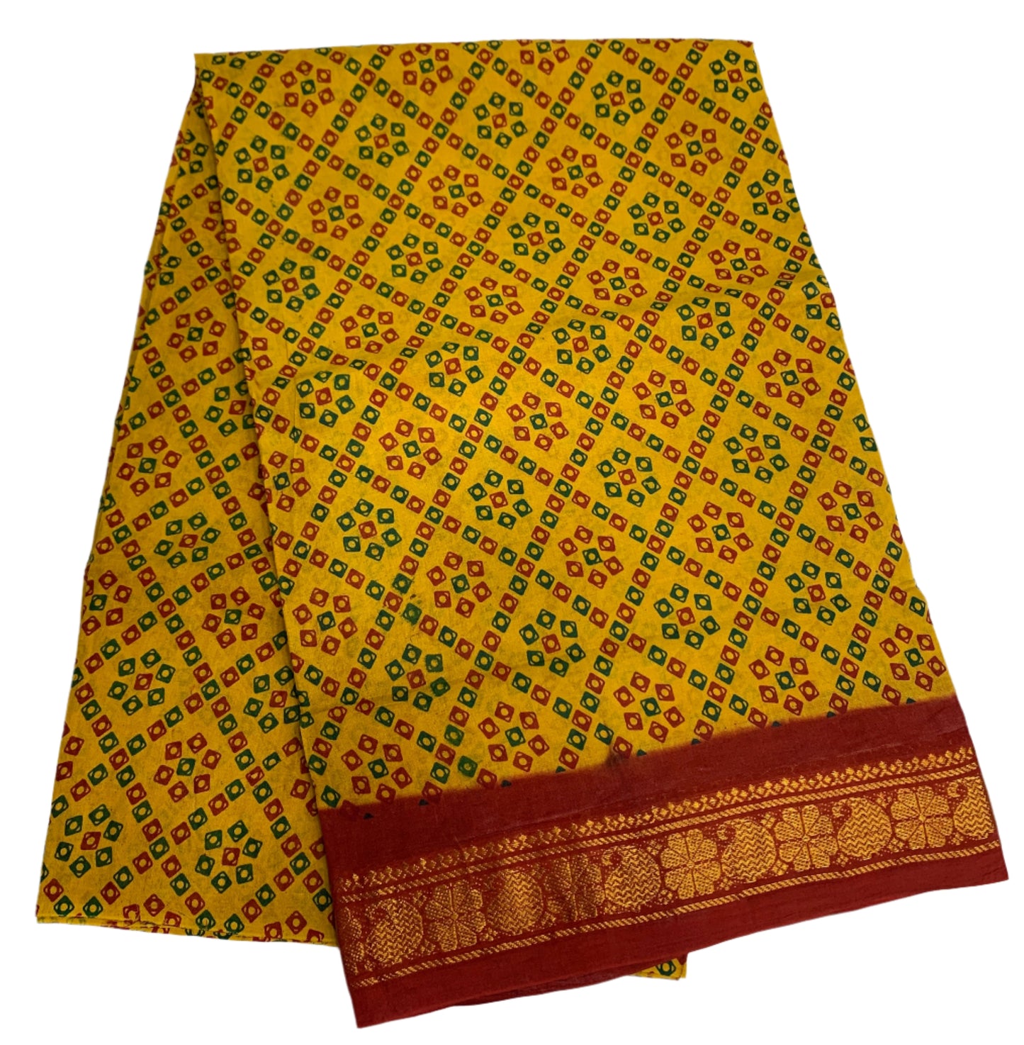 Chettinad Sungudi Cotton Mustard Colour with Red Colour Border