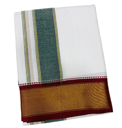 10X6 Cotton Dhoti White Colour with Large Maroon and Green Border