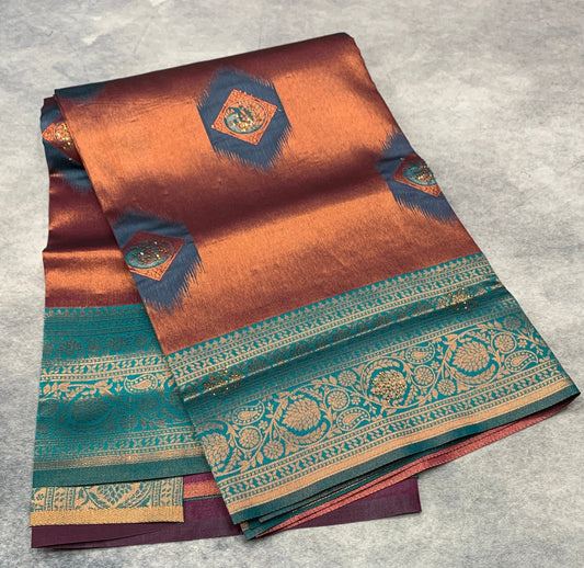 Art Silk Saree Maroon Colour and Stone Work with Rama Green Border