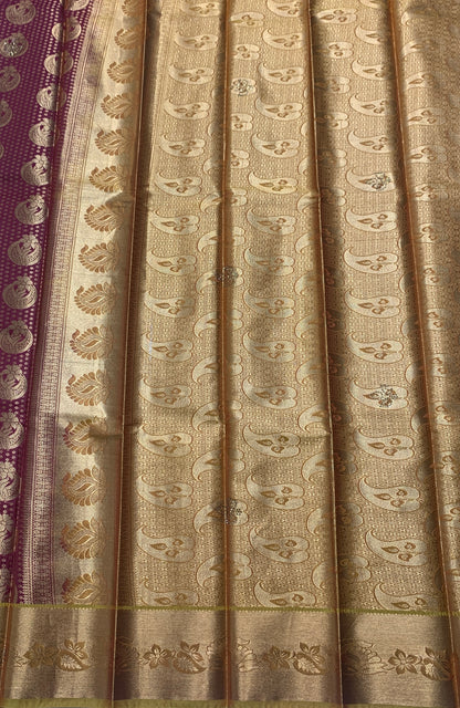 Vegan Silk Saree Maroon Colour with Golden and Golden Yellow Border