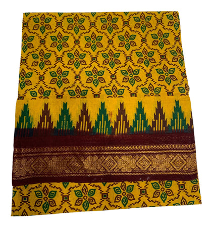 Chettinad Sungudi Cotton Mustard Colour with Brown Border