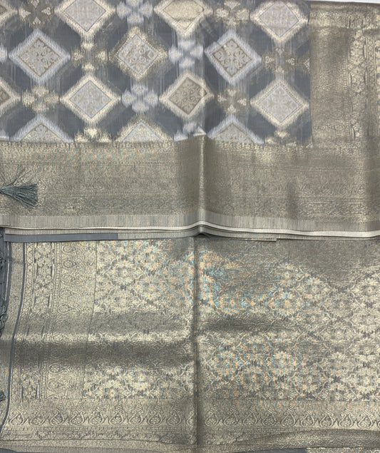 Soft Vegan Silk Saree Gray Colour with Sliver Zari Border