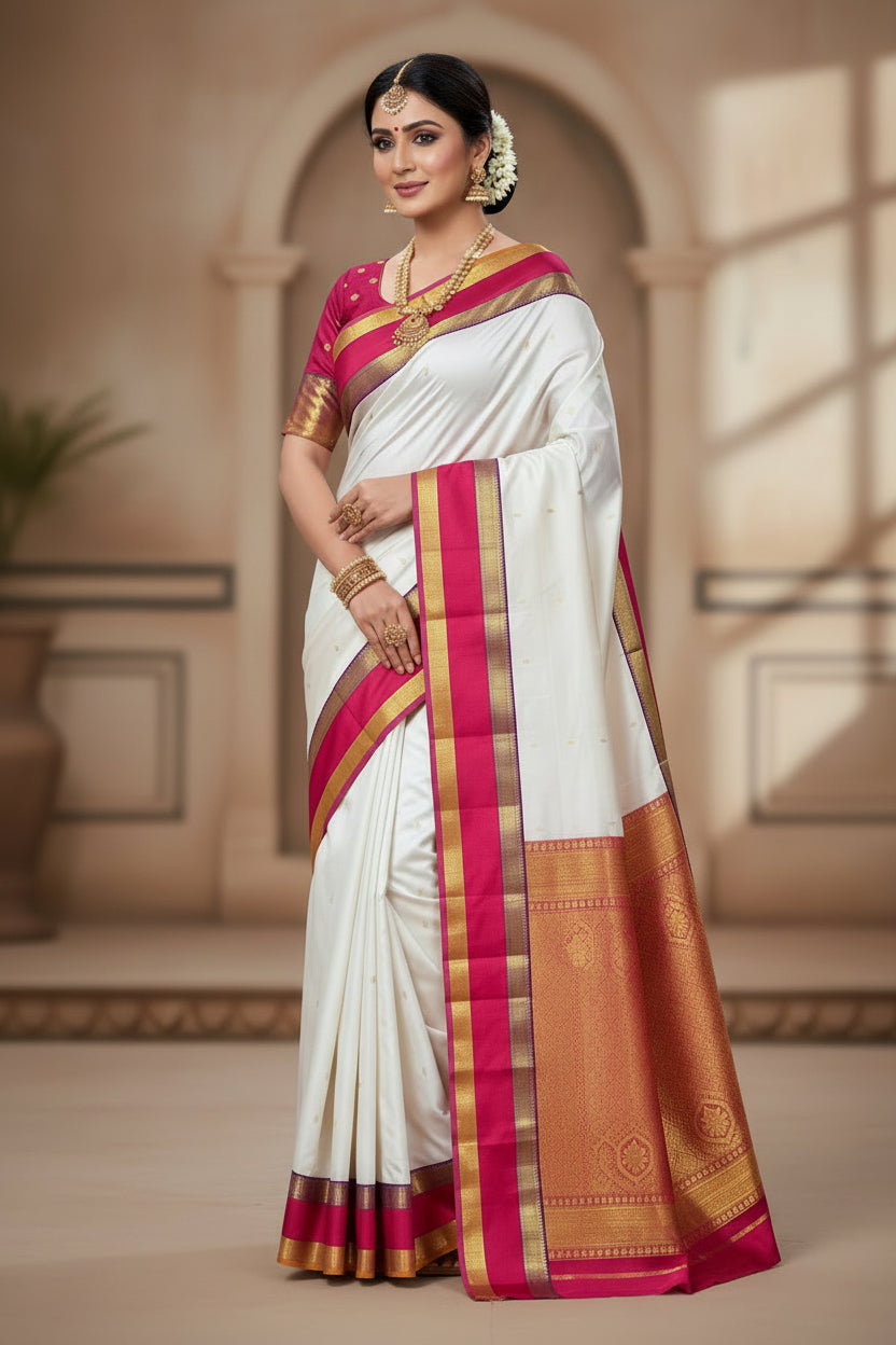 Pure Kanchipuram Silk Saree Off White Colour with Rettai Pettu Border