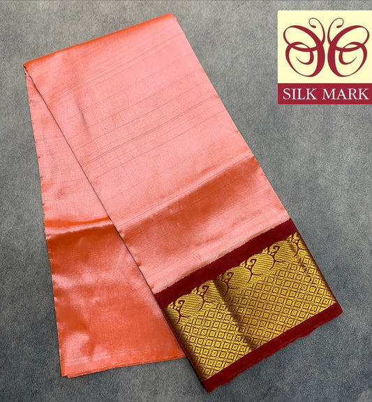 Peach Shade Pure Kanchipuram Kids Pattu Pavadai with Contrast Border for age 2 to 5