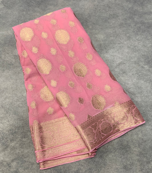 Georgette Saree Baby Pink Colour with Sliver Floral Design Border