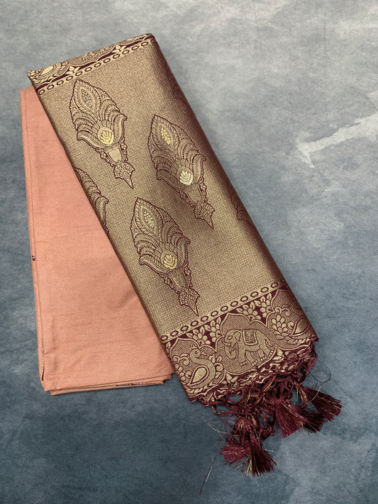 Soft Silk Casual Saree Peach Colour with Brown Colour Border